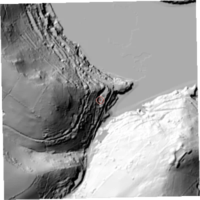 Shaded relief map of the ground around TQ69BZ, computed from Environment Agency LiDAR. The ground here sits at about 28 m above sea level and falls 148 m across the surrounding 800 m. Surface water reaching this point runs off ground lying to the west, 107.1 m higher.