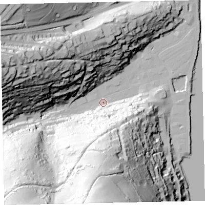 Shaded relief map of the ground around TQ69DF, computed from Environment Agency LiDAR. The ground here sits at about 2 m above sea level and falls 132 m across the surrounding 800 m. Surface water reaching this point runs off ground lying to the south, 106.7 m higher.