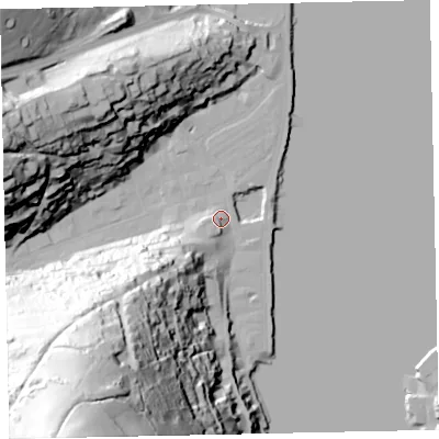Shaded relief map of the ground around TQ69DH, computed from Environment Agency LiDAR. The ground here sits at about 5 m above sea level and falls 121 m across the surrounding 800 m. Surface water reaching this point runs off ground lying to the south-west, 108.3 m higher.