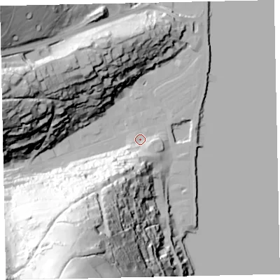 Shaded relief map of the ground around TQ69DL, computed from Environment Agency LiDAR. The ground here sits at about 3 m above sea level and falls 120 m across the surrounding 800 m. Surface water reaching this point runs off ground lying to the south-south-west, 100.8 m higher.