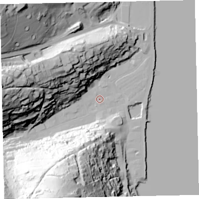 Shaded relief map of the ground around TQ69DP, computed from Environment Agency LiDAR. The ground here sits at about 3 m above sea level and falls 102 m across the surrounding 800 m. Surface water reaching this point runs off ground lying to the south-south-west, 100.0 m higher.