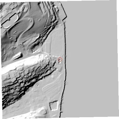 Shaded relief map of the ground around TQ69DQ, computed from Environment Agency LiDAR. The ground here sits at about 4 m above sea level and falls 68 m across the surrounding 800 m. Surface water reaching this point runs off ground lying to the west-south-west, 22.9 m higher.