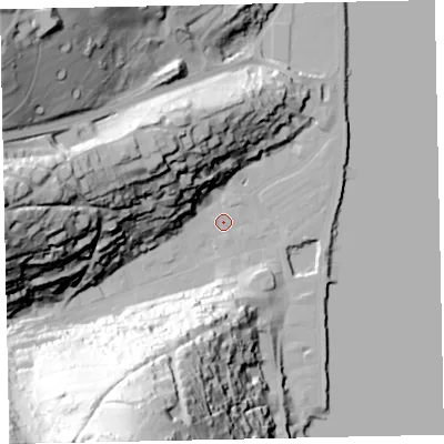 Shaded relief map of the ground around TQ69DR, computed from Environment Agency LiDAR. The ground here sits at about 3 m above sea level and falls 97 m across the surrounding 800 m. Surface water reaching this point runs off ground lying to the south-south-west, 95.3 m higher.