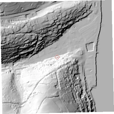 Shaded relief map of the ground around TQ69DS, computed from Environment Agency LiDAR. The ground here sits at about 5 m above sea level and falls 132 m across the surrounding 800 m. Surface water reaching this point runs off ground lying to the south-south-west, 101.0 m higher.
