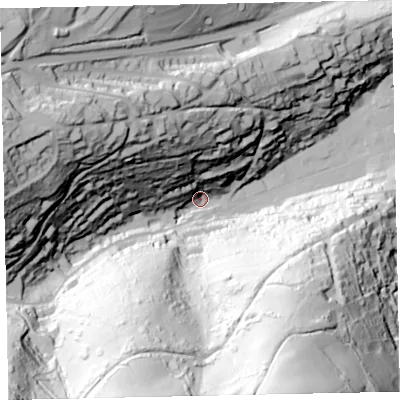 Shaded relief map of the ground around TQ69DT, computed from Environment Agency LiDAR. The ground here sits at about 6 m above sea level and falls 134 m across the surrounding 800 m. Surface water reaching this point runs off ground lying to the south-south-east, 130.5 m higher.