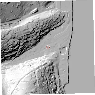Shaded relief map of the ground around TQ69DW, computed from Environment Agency LiDAR. The ground here sits at about 3 m above sea level and falls 107 m across the surrounding 800 m. Surface water reaching this point runs off ground lying to the south-south-west, 101.1 m higher.