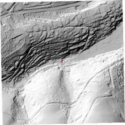 Shaded relief map of the ground around TQ69DX, computed from Environment Agency LiDAR. The ground here sits at about 10 m above sea level and falls 143 m across the surrounding 800 m. Surface water reaching this point runs off ground lying to the south-west, 132.9 m higher.