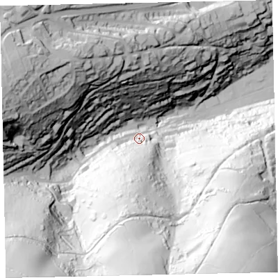 Shaded relief map of the ground around TQ69DY, computed from Environment Agency LiDAR. The ground here sits at about 22 m above sea level and falls 149 m across the surrounding 800 m. Surface water reaching this point runs off ground lying to the south, 86.1 m higher.