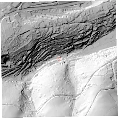 Shaded relief map of the ground around TQ69DZ, computed from Environment Agency LiDAR. The ground here sits at about 15 m above sea level and falls 145 m across the surrounding 800 m. Surface water reaching this point runs off ground lying to the south-west, 131.7 m higher.