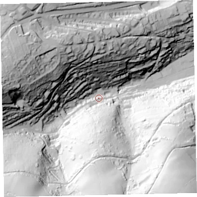 Shaded relief map of the ground around TQ69EA, computed from Environment Agency LiDAR. The ground here sits at about 20 m above sea level and falls 146 m across the surrounding 800 m. Surface water reaching this point runs off ground lying to the south-west, 130.9 m higher.