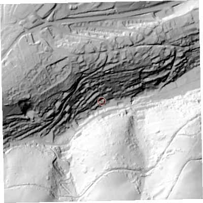 Shaded relief map of the ground around TQ69ED, computed from Environment Agency LiDAR. The ground here sits at about 24 m above sea level and falls 141 m across the surrounding 800 m. Surface water reaching this point runs off ground lying to the south-west, 123.0 m higher.
