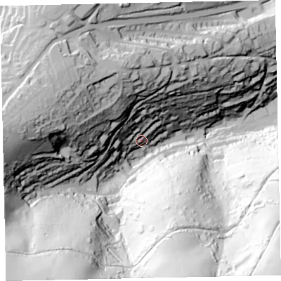 Shaded relief map of the ground around TQ69EE, computed from Environment Agency LiDAR. The ground here sits at about 37 m above sea level and falls 143 m across the surrounding 800 m. Surface water reaching this point runs off ground lying to the west-north-west, 59.3 m higher.