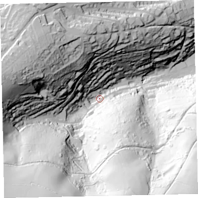 Shaded relief map of the ground around TQ69EF, computed from Environment Agency LiDAR. The ground here sits at about 27 m above sea level and falls 152 m across the surrounding 800 m. Surface water reaching this point runs off ground lying to the south-south-west, 130.1 m higher.