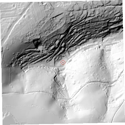 Shaded relief map of the ground around TQ69EG, computed from Environment Agency LiDAR. The ground here sits at about 36 m above sea level and falls 155 m across the surrounding 800 m. Surface water reaching this point runs off ground lying to the south-south-west, 124.9 m higher.