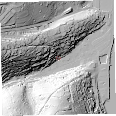 Shaded relief map of the ground around TQ69EP, computed from Environment Agency LiDAR. The ground here sits at about 7 m above sea level and falls 110 m across the surrounding 800 m. Surface water reaching this point runs off ground lying to the south, 107.7 m higher.