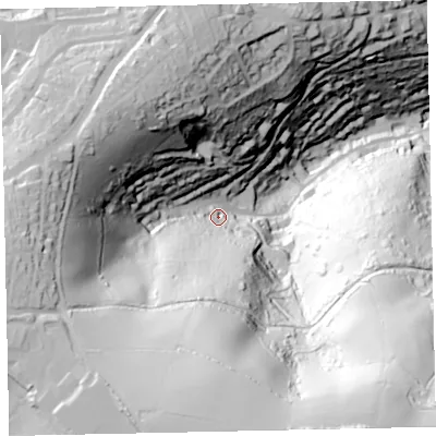 Shaded relief map of the ground around TQ69EQ, computed from Environment Agency LiDAR. The ground here sits at about 55 m above sea level and falls 155 m across the surrounding 800 m. Surface water reaching this point runs off ground lying to the south, 110.7 m higher.