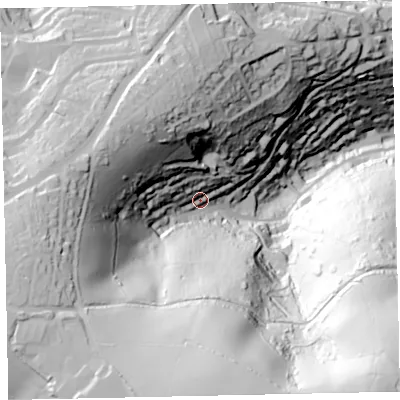 Shaded relief map of the ground around TQ69EY, computed from Environment Agency LiDAR. The ground here sits at about 61 m above sea level and falls 145 m across the surrounding 800 m. Surface water reaching this point runs off ground lying to the south, 101.7 m higher.