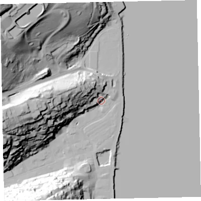 Shaded relief map of the ground around TQ69NH, computed from Environment Agency LiDAR. The ground here sits at about 6 m above sea level and falls 72 m across the surrounding 800 m. Surface water reaching this point runs off ground lying to the west, 30.4 m higher.