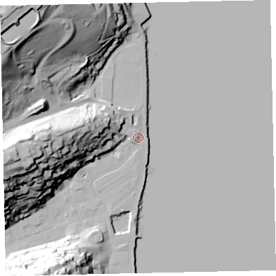 Shaded relief map of the ground around TQ69NJ, computed from Environment Agency LiDAR. The ground here sits at about 4 m above sea level and falls 61 m across the surrounding 800 m. Surface water reaching this point runs off ground lying to the west-north-west, 1.9 m higher.