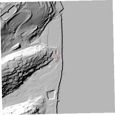 Shaded relief map of the ground around TQ69NL, computed from Environment Agency LiDAR. The ground here sits at about 5 m above sea level and falls 61 m across the surrounding 800 m. Surface water reaching this point runs off ground lying to the west, 20.8 m higher.