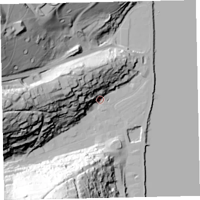 Shaded relief map of the ground around TQ69NR, computed from Environment Agency LiDAR. The ground here sits at about 4 m above sea level and falls 86 m across the surrounding 800 m. Surface water reaching this point runs off ground lying to the south-south-west, 78.7 m higher.