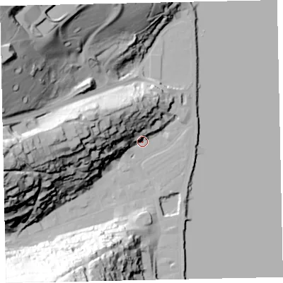 Shaded relief map of the ground around TQ69NS, computed from Environment Agency LiDAR. The ground here sits at about 5 m above sea level and falls 76 m across the surrounding 800 m. Surface water reaching this point runs off ground lying to the west-north-west, 40.5 m higher.