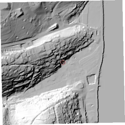 Shaded relief map of the ground around TQ69NU, computed from Environment Agency LiDAR. The ground here sits at about 8 m above sea level and falls 88 m across the surrounding 800 m. Surface water reaching this point runs off ground lying to the south-south-west, 86.2 m higher.