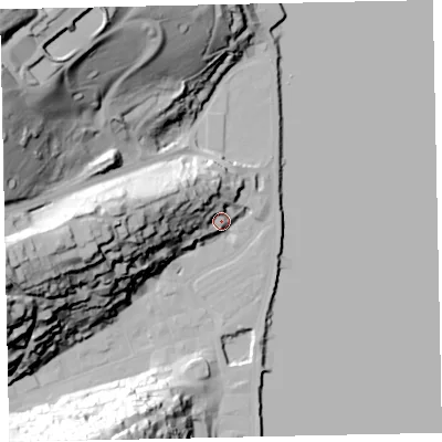 Shaded relief map of the ground around TQ69NW, computed from Environment Agency LiDAR. The ground here sits at about 8 m above sea level and falls 74 m across the surrounding 800 m. Surface water reaching this point runs off ground lying to the west-north-west, 30.4 m higher.