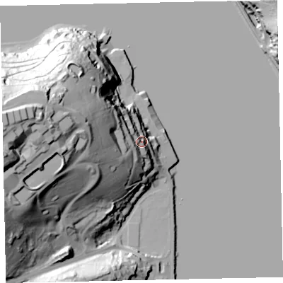 Shaded relief map of the ground around TQ69PH, computed from Environment Agency LiDAR. The ground here sits at about 19 m above sea level and falls 73 m across the surrounding 800 m. Surface water reaching this point runs off ground lying to the west, 46.5 m higher.