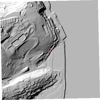 Shaded relief map of the ground around TQ69PQ, computed from Environment Agency LiDAR. The ground here sits at about 8 m above sea level and falls 80 m across the surrounding 800 m. Surface water reaching this point runs off ground lying to the west-north-west, 76.6 m higher.