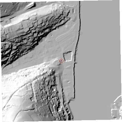 Shaded relief map of the ground around TQ69PS, computed from Environment Agency LiDAR. The ground here sits at about 4 m above sea level and falls 122 m across the surrounding 800 m. Surface water reaching this point runs off ground lying to the south-west, 108.3 m higher.