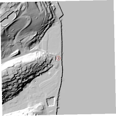 Shaded relief map of the ground around TQ69PW, computed from Environment Agency LiDAR. The ground here sits at about 4 m above sea level and falls 66 m across the surrounding 800 m. Surface water reaching this point runs off ground lying to the west, 23.1 m higher.