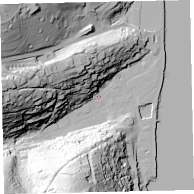 Shaded relief map of the ground around TQ69QD, computed from Environment Agency LiDAR. The ground here sits at about 2 m above sea level and falls 98 m across the surrounding 800 m. Surface water reaching this point runs off ground lying to the south-south-west, 96.5 m higher.