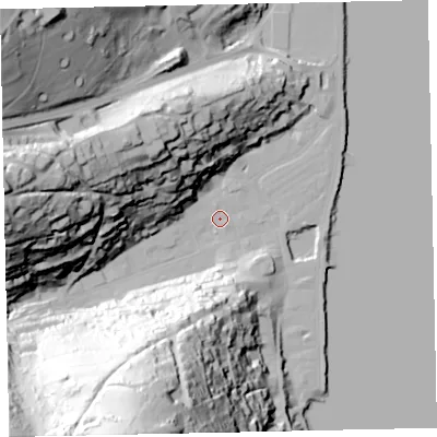Shaded relief map of the ground around TQ69QE, computed from Environment Agency LiDAR. The ground here sits at about 3 m above sea level and falls 102 m across the surrounding 800 m. Surface water reaching this point runs off ground lying to the south-south-west, 100.0 m higher.