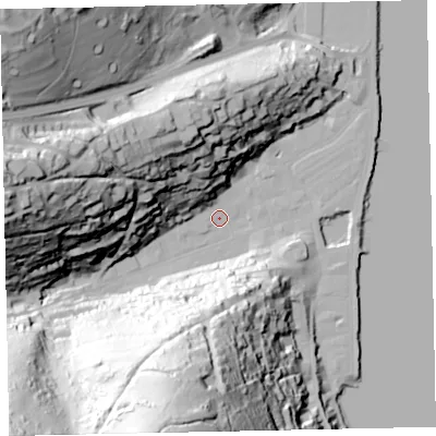 Shaded relief map of the ground around TQ69QG, computed from Environment Agency LiDAR. The ground here sits at about 2 m above sea level and falls 108 m across the surrounding 800 m. Surface water reaching this point runs off ground lying to the south-south-west, 105.7 m higher.