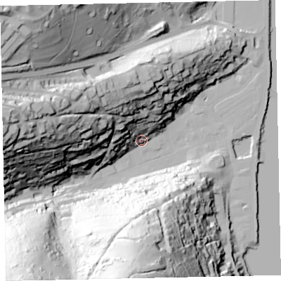 Shaded relief map of the ground around TQ69QH, computed from Environment Agency LiDAR. The ground here sits at about 6 m above sea level and falls 108 m across the surrounding 800 m. Surface water reaching this point runs off ground lying to the south, 105.7 m higher.