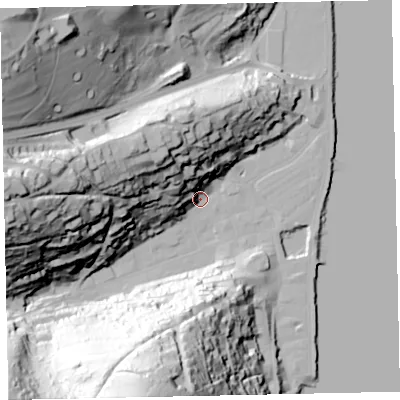Shaded relief map of the ground around TQ69QJ, computed from Environment Agency LiDAR. The ground here sits at about 3 m above sea level and falls 93 m across the surrounding 800 m. Surface water reaching this point runs off ground lying to the south-south-west, 91.4 m higher.