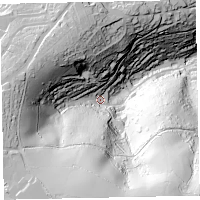 Shaded relief map of the ground around TQ69QL, computed from Environment Agency LiDAR. The ground here sits at about 47 m above sea level and falls 153 m across the surrounding 800 m. Surface water reaching this point runs off ground lying to the south, 113.4 m higher.