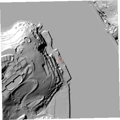 Shaded relief map of the ground around TQ69QP, computed from Environment Agency LiDAR. The ground here sits at about 3 m above sea level and falls 71 m across the surrounding 800 m. Surface water reaching this point runs off ground lying to the west-south-west, 52.7 m higher.
