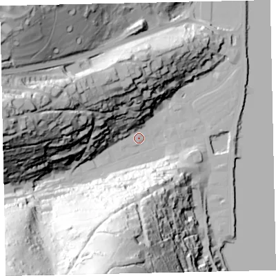 Shaded relief map of the ground around TQ69QQ, computed from Environment Agency LiDAR. The ground here sits at about 2 m above sea level and falls 109 m across the surrounding 800 m. Surface water reaching this point runs off ground lying to the south-south-west, 107.0 m higher.