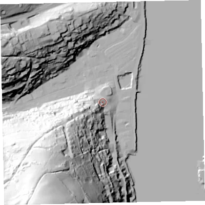 Shaded relief map of the ground around TQ69QR, computed from Environment Agency LiDAR. The ground here sits at about 10 m above sea level and falls 136 m across the surrounding 800 m. Surface water reaching this point runs off ground lying to the south-west, 37.8 m higher.