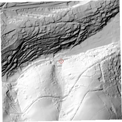 Shaded relief map of the ground around TQ69QU, computed from Environment Agency LiDAR. The ground here sits at about 15 m above sea level and falls 147 m across the surrounding 800 m. Surface water reaching this point runs off ground lying to the south-south-east, 136.1 m higher.