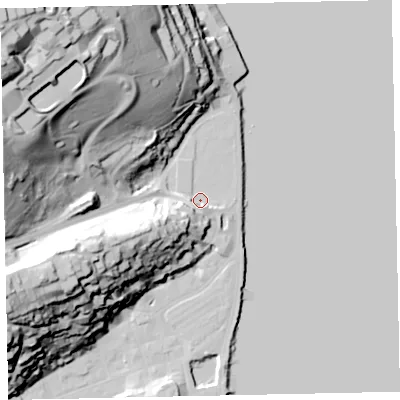 Shaded relief map of the ground around TQ69RR, computed from Environment Agency LiDAR. The ground here sits at about 3 m above sea level and falls 73 m across the surrounding 800 m. Surface water reaching this point runs off ground lying to the south-south-west, 8.9 m higher.