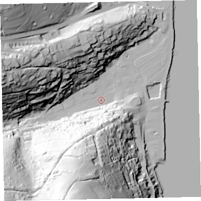 Shaded relief map of the ground around TQ69RT, computed from Environment Agency LiDAR. The ground here sits at about 2 m above sea level and falls 123 m across the surrounding 800 m. Surface water reaching this point runs off ground lying to the south-south-west, 101.1 m higher.