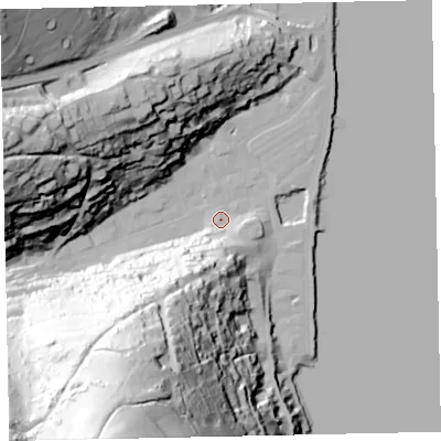 Shaded relief map of the ground around TQ69RU, computed from Environment Agency LiDAR. The ground here sits at about 3 m above sea level and falls 120 m across the surrounding 800 m. Surface water reaching this point runs off ground lying to the south-south-west, 100.8 m higher.
