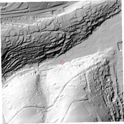 Shaded relief map of the ground around TQ69RX, computed from Environment Agency LiDAR. The ground here sits at about 3 m above sea level and falls 140 m across the surrounding 800 m. Surface water reaching this point runs off ground lying to the south, 135.4 m higher.