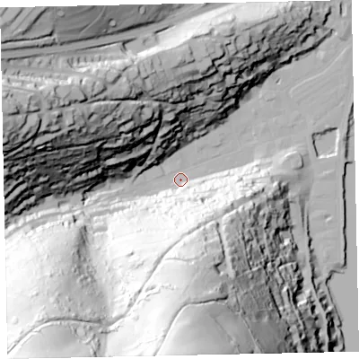 Shaded relief map of the ground around TQ69RY, computed from Environment Agency LiDAR. The ground here sits at about 2 m above sea level and falls 134 m across the surrounding 800 m. Surface water reaching this point runs off ground lying to the south, 131.9 m higher.