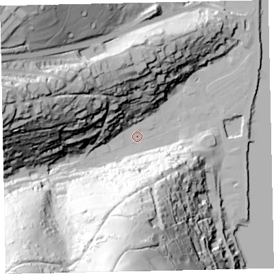 Shaded relief map of the ground around TQ69SA, computed from Environment Agency LiDAR. The ground here sits at about 2 m above sea level and falls 121 m across the surrounding 800 m. Surface water reaching this point runs off ground lying to the south, 114.9 m higher.
