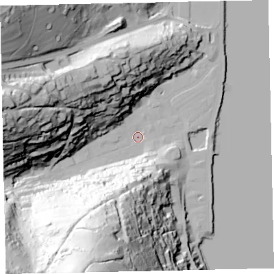 Shaded relief map of the ground around TQ69SE, computed from Environment Agency LiDAR. The ground here sits at about 1 m above sea level and falls 111 m across the surrounding 800 m. Surface water reaching this point runs off ground lying to the south-south-west, 106.7 m higher.