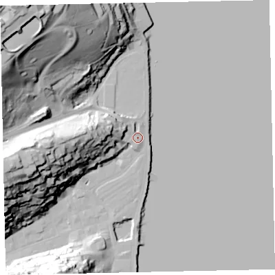 Shaded relief map of the ground around TQ69TR, computed from Environment Agency LiDAR. The ground here sits at about 4 m above sea level and falls 63 m across the surrounding 800 m. Surface water reaching this point runs off ground lying to the west, 20.8 m higher.